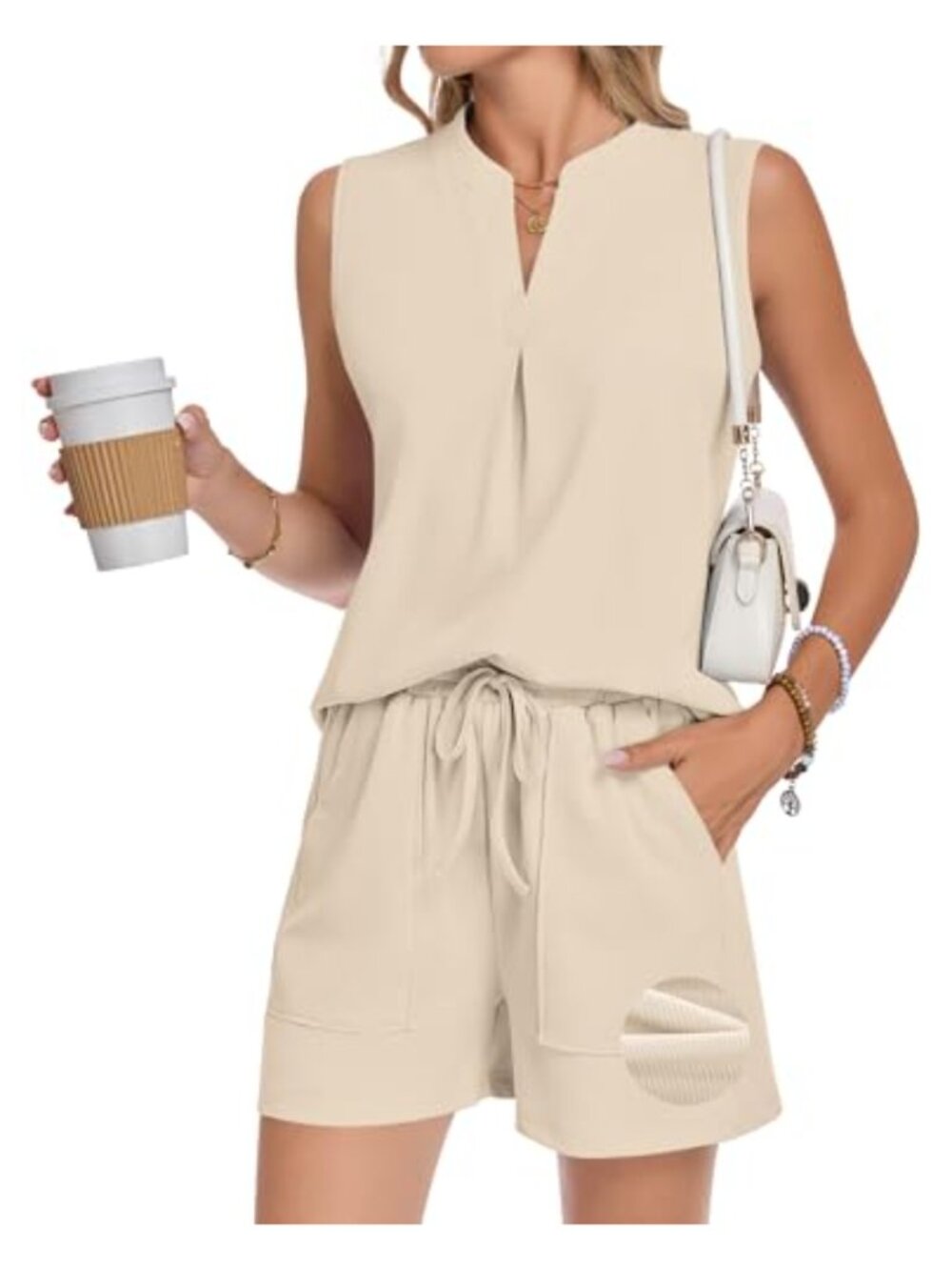 Waffle Knit 2 Piece Set V Neck Sleeveless Top & Pocket Shorts